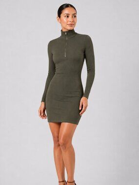 Half Zip Olive Green Casual Dress in Ribbed Cotton - NWT